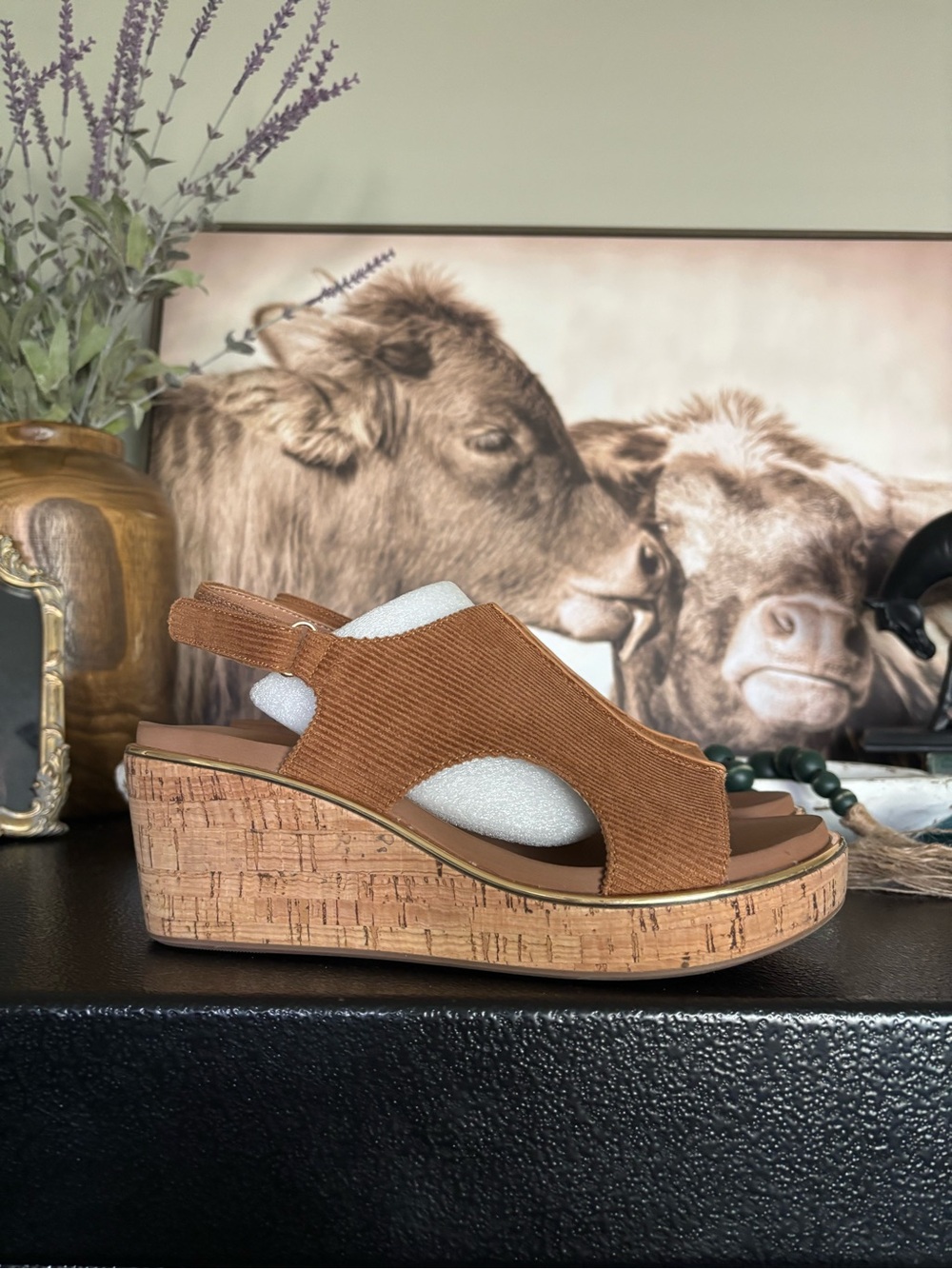 Women's Cork Wedge Sandal in Cognac Brown